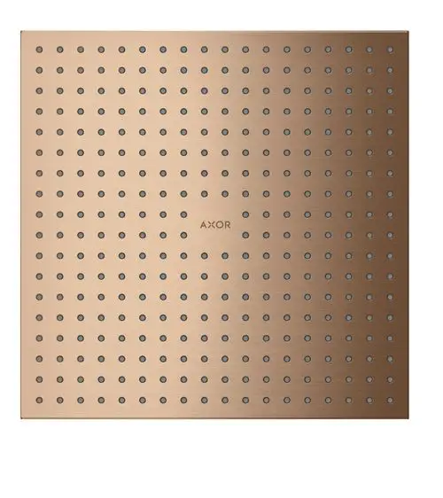 Kopfbrause in runder Form mit perforierter Oberfläche und gleichmäßiger Lochanordnung, gefertigt von AXOR in gebürstetem Rotgold-Finish.